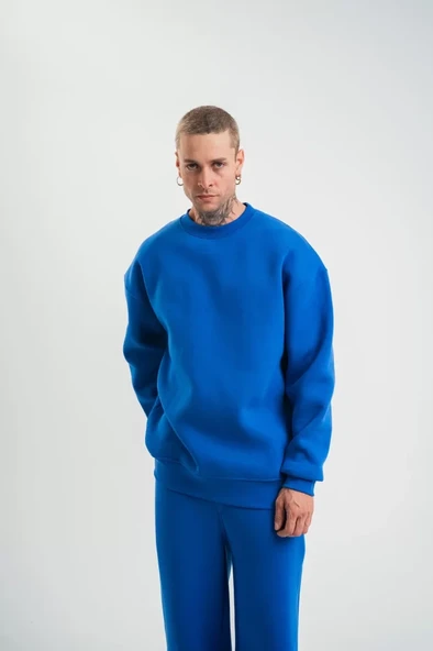 Uzun Kol Bisiklet Yaka Basic SweatShirt - Mavi ürün görseli