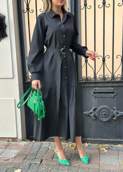 Kadın Uzun Kollu Yakalı önden Düğmeli Beli Metal Kemerli Dokuma Maksi Elbise - Resim 3