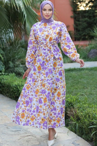 Kadın Uzun Çiçek Yaprak Desenli Belden Bağlamalı Elbise - Resim 5