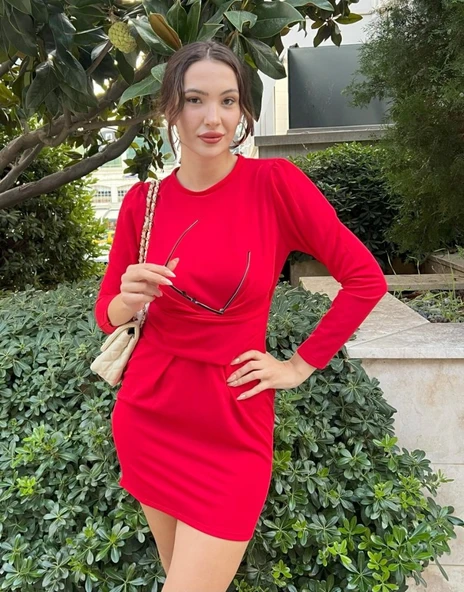 Kadın Uzun Kollu Bisiklet Yaka Bel Kemer Detay Ithal Krep Elbise - Resim 4