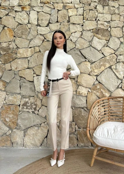 Kadın Yüksek Bel Dar Paça Kemer Dahil Kumaş Pantolon - Resim 5