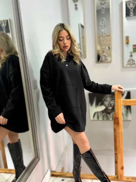 Kadın Uzun Kollu Kapşonlu Bağcıklı önden Düğmeli Ve Cepli Iki Iplik şardonlu Elbise - Resim 4