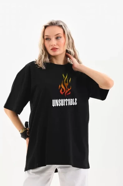 Unisex Bisiklet Yaka Baskılı Oversize T-Shirt - Siyah ürün görseli