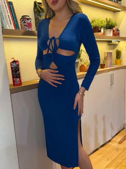 Kadın Uzun Kollu Göğüs Ve Göbek Dekolte Detay Sandy Midi Boy Elbise - Resim 3