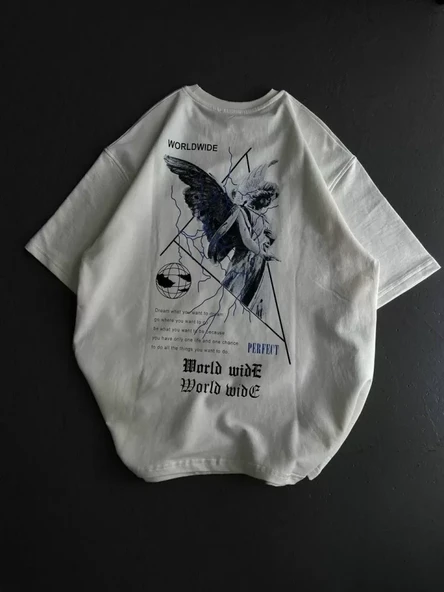 Unisex Bisiklet Yaka Baskılı Oversize T-Shirt - Beyaz - Resim 2