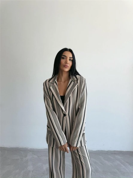 OTTOMAN ÇİZGİLİ CEKET-PANTOLON TK - Bej - Resim 3