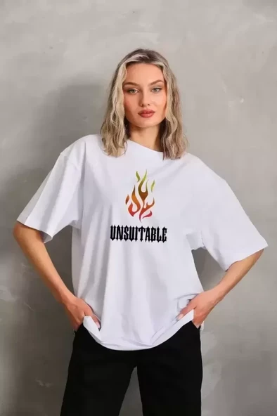Unisex Bisiklet Yaka Baskılı Oversize T-Shirt - Beyaz ürün görseli