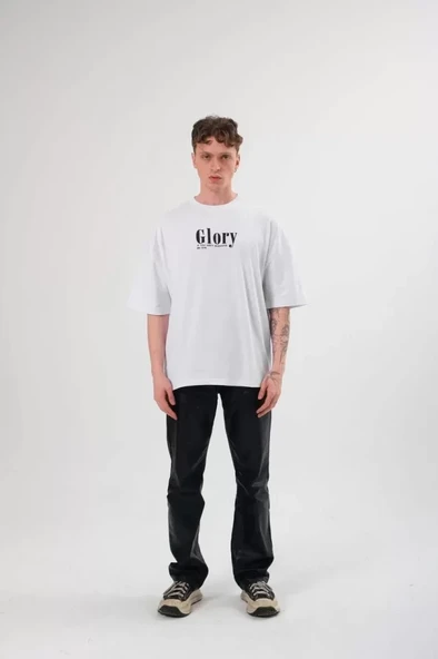 Unisex Bisiklet Yaka Baskılı Oversize T-Shirt - Siyah - Resim 2