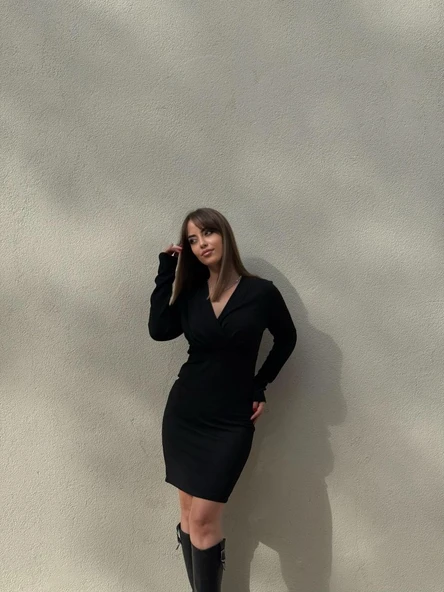 Kadın Uzun Kollu Kruvaze Yaka Krep Mini Boy Elbise - 10