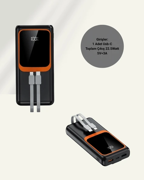 20000 mAh Taşınabilir Powerbank | Çok Kablolu, Hızlı Şarj Destekli (22.5W) - Resim 5