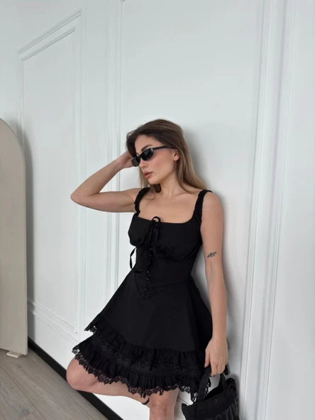 Mini Askılı Elbise - Siyah - 3