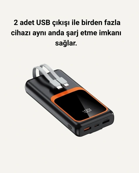 Powerbank 20000 mAh | 22.5W Hızlı Şarj, Dahili Kablolu, LCD Ekranlı Şarj Cihazı - Resim 4