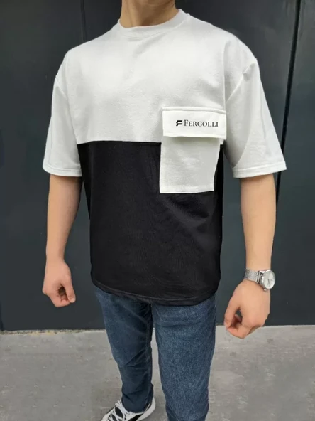 Unisex Torba Cep Detaylı  Parçalı T-Shirt - Siyah ürün görseli