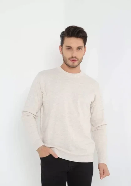 Unisex Uzun Kol Biskilet Yaka Dokuma Triko - Bej ürün görseli