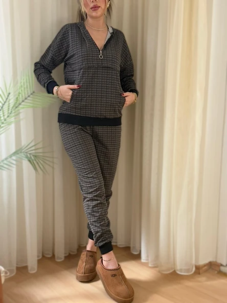 Kadın Iki Iplik Kumaş Fermuar Detay Kapüşonlu Ikili Takım - Resim 3