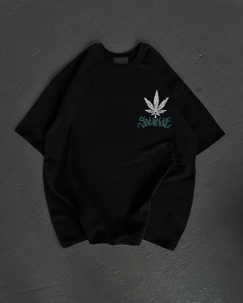 Unisex Bisiklet Yaka Baskılı Oversize T-Shirt - Siyah ürün görseli