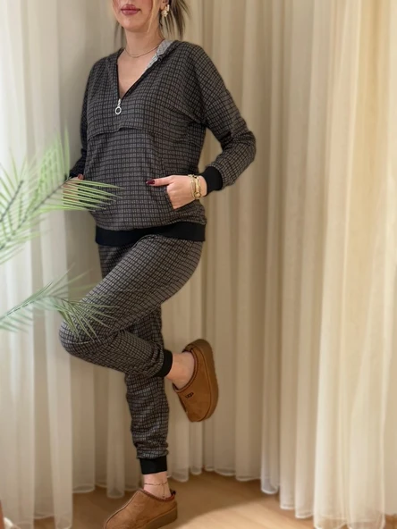 Kadın Iki Iplik Kumaş Fermuar Detay Kapüşonlu Ikili Takım - Resim 4