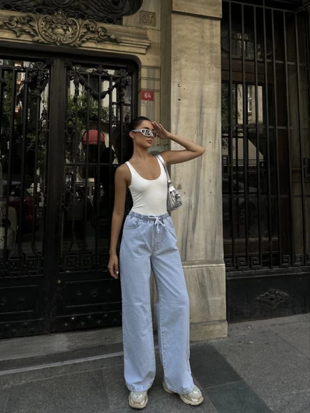 Arkadan Yırtmaçlı Jeans Kot Palazzo Pantolon - Mavi - Resim 3