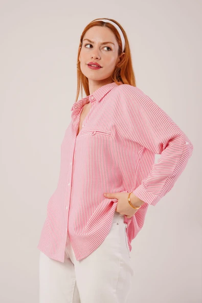 Cep Detay Çizgili Oversize Pembe Gömlek - Resim 3