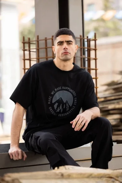 Unisex Bisiklet Yaka Baskılı Oversize T-Shirt - Siyah - Resim 4