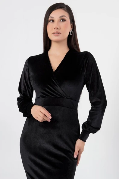 Kadın Kadife Kumaş Manşetli V Yaka Şık Kalem Elbise - Resim 3
