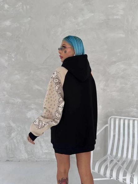 Üç İplik Penye Kapşonlu Parçalı SweatShirt - Siyah - Resim 3