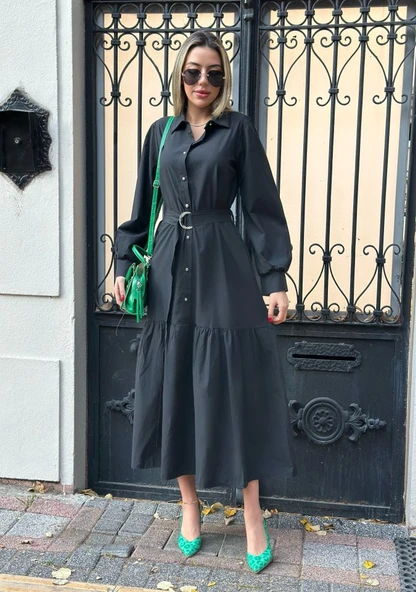 Kadın Uzun Kollu Yakalı önden Düğmeli Beli Metal Kemerli Dokuma Maksi Elbise ürün görseli