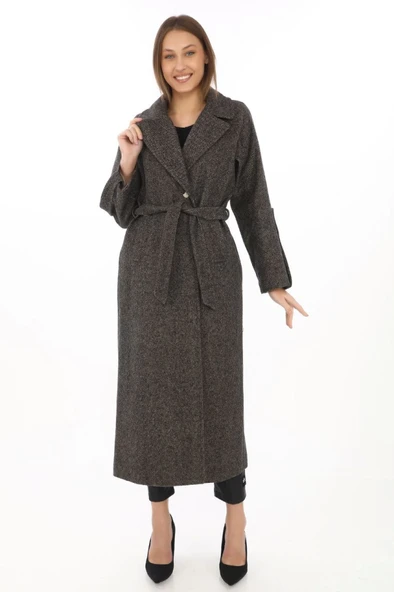 Kolu Apoletli Astarlı Kaşmir Kaşe Kaban - Füme ürün görseli