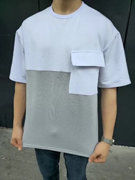 Unisex Torba Cep Detaylı Parçalı T-Shirt - Gri ürün görseli