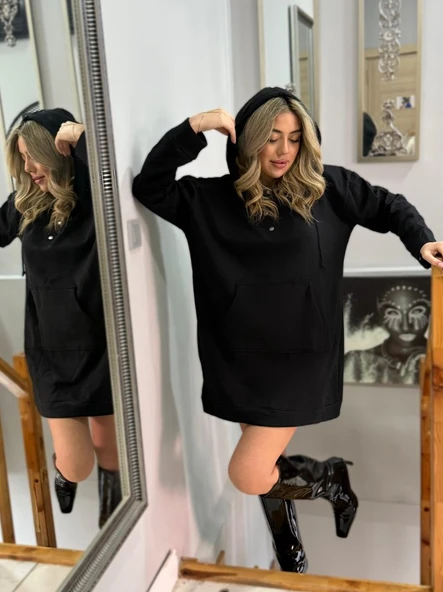 Kadın Uzun Kollu Kapşonlu Bağcıklı önden Düğmeli Ve Cepli Iki Iplik şardonlu Elbise - Resim 2