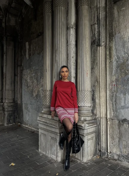 Kadın Uzun Kollu Bisiklet Yaka Kol Ağzı Ve Etek Ucu Baskılı Iki Iplik Elbise - Resim 6