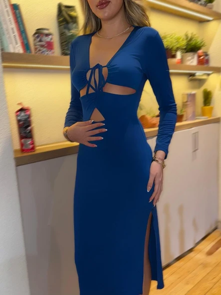 Kadın Uzun Kollu Göğüs Ve Göbek Dekolte Detay Sandy Midi Boy Elbise - Resim 2