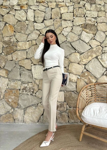 Kadın Yüksek Bel Dar Paça Kemer Dahil Kumaş Pantolon - Resim 4