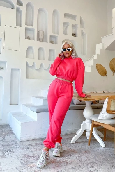 Kadın Uzun Kollu Kapüşonlu Beli Lastik Detay Sweat Ve Yüksek Bel Bileği Lastikli Pantolon üç üplik Kumaş Ikili Takım ürün görseli