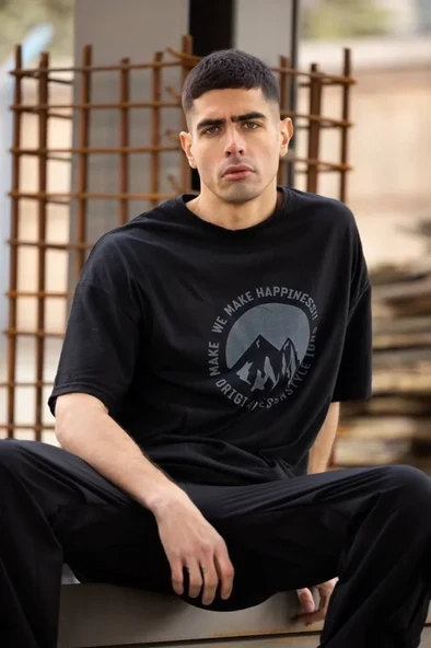 Unisex Bisiklet Yaka Baskılı Oversize T-Shirt - Siyah - Resim 3