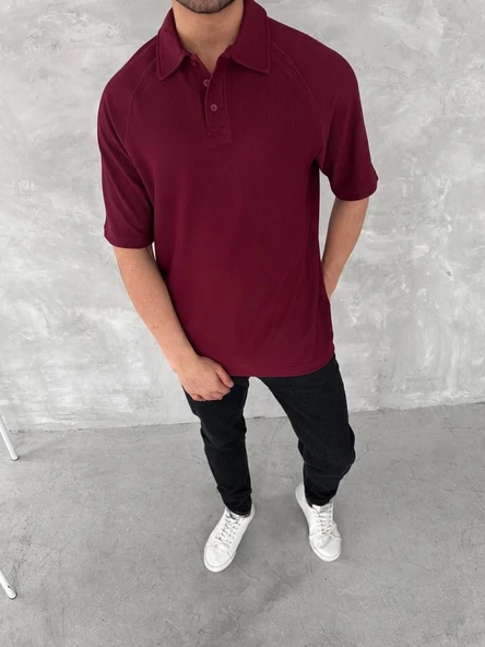 Yakalı Patlı Kısa Kol T-shirt - Bordo - Resim 3