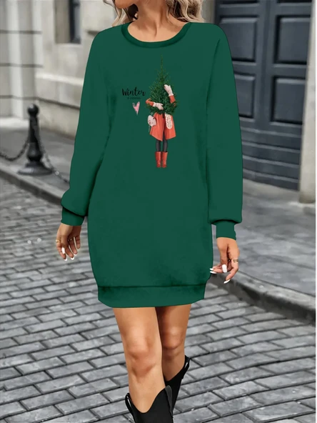 Kadın Uzun Kollu Bisiklet Yaka Desenli Kısa Viskon Iki Iplik Elbise ürün görseli