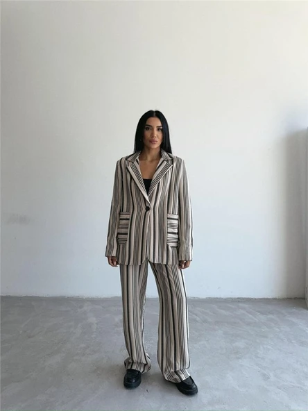 OTTOMAN ÇİZGİLİ CEKET-PANTOLON TK - Bej ürün görseli