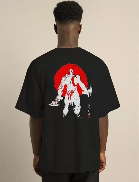 Unisex Bisiklet Yaka Baskılı Oversize T-Shirt - Siyah - Resim 2