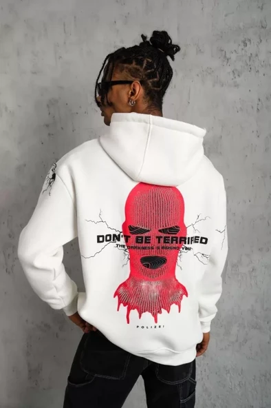 Erkek Maske Baskılı Kapüşonlu Sweat - Beyaz - 1