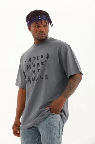 Unisex Oversize Baskılı Bisiklet Yaka T-Shirt - Füme ürün görseli