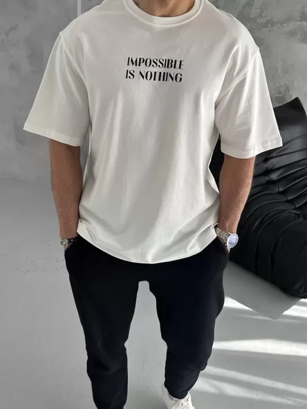 Unisex Bisiklet Yaka Baskılı Oversize T-Shirt - Beyaz ürün görseli