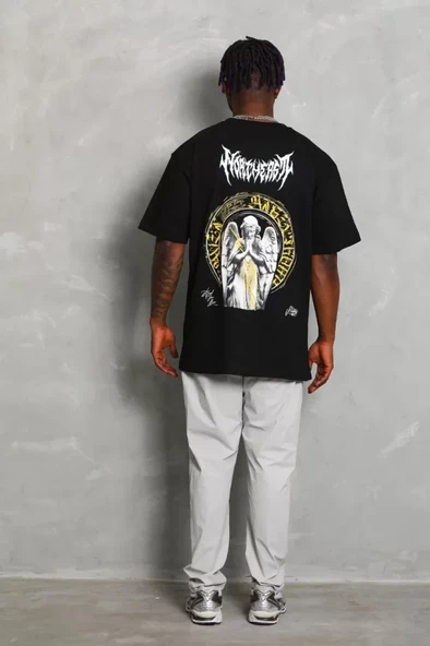 Unisex Oversize Baskılı Bisiklet Yaka T-Shirt - Siyah - Resim 4