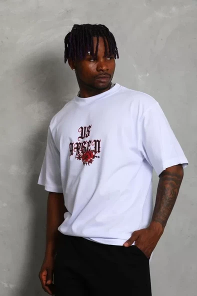 Unisex Oversize Baskılı Bisiklet Yaka T-Shirt - Beyaz ürün görseli