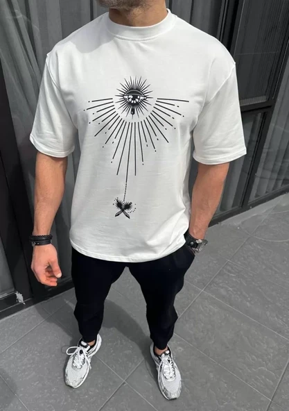 Unisex Bisiklet Yaka Baskılı Oversize T-Shirt - Beyaz ürün görseli