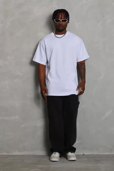 Unisex Oversize Düz Bisiklet Yaka T-Shirt - Beyaz - Resim 4