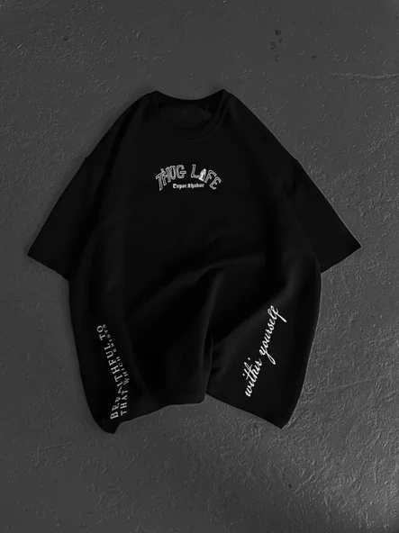 Unisex Baskılı Oversize T-Shirt - Siyah - Resim 4