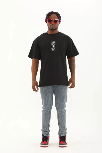 Unisex Oversize Baskılı Bisiklet Yaka T-Shirt - Siyah - Resim 4