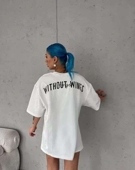 Unisex Bisiklet Yaka Baskılı Oversize T-Shirt - Beyaz - Resim 3