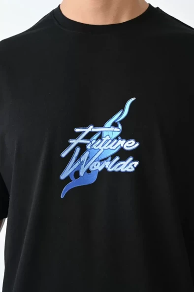 Unisex Bisiklet Yaka Baskılı Oversize T-Shirt - Siyah - Resim 2